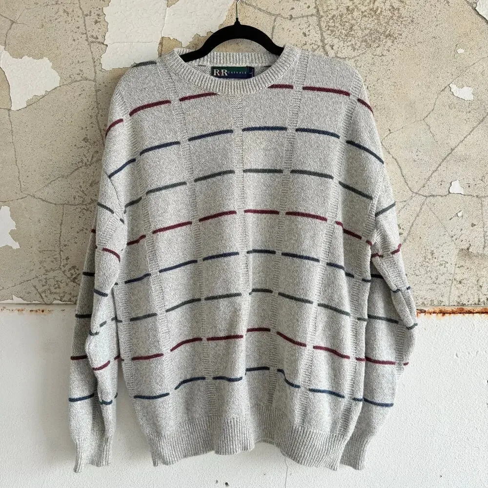 Vintage 90s Sweater Retro Grandpacore Striped Textured Made in USA Mens L Preppy